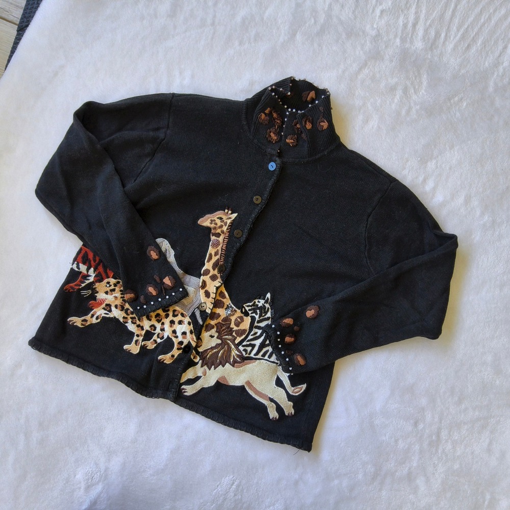 Vintage Ronnie Salloway Cardigan Womens Medium Safari Animals Embroidered Beaded